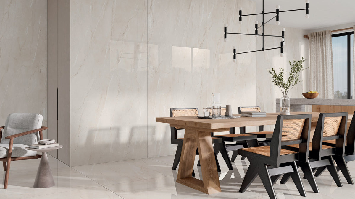 Ambiente placa KTL Aley Cream 120x280 cm pulida efecto mármol en pared