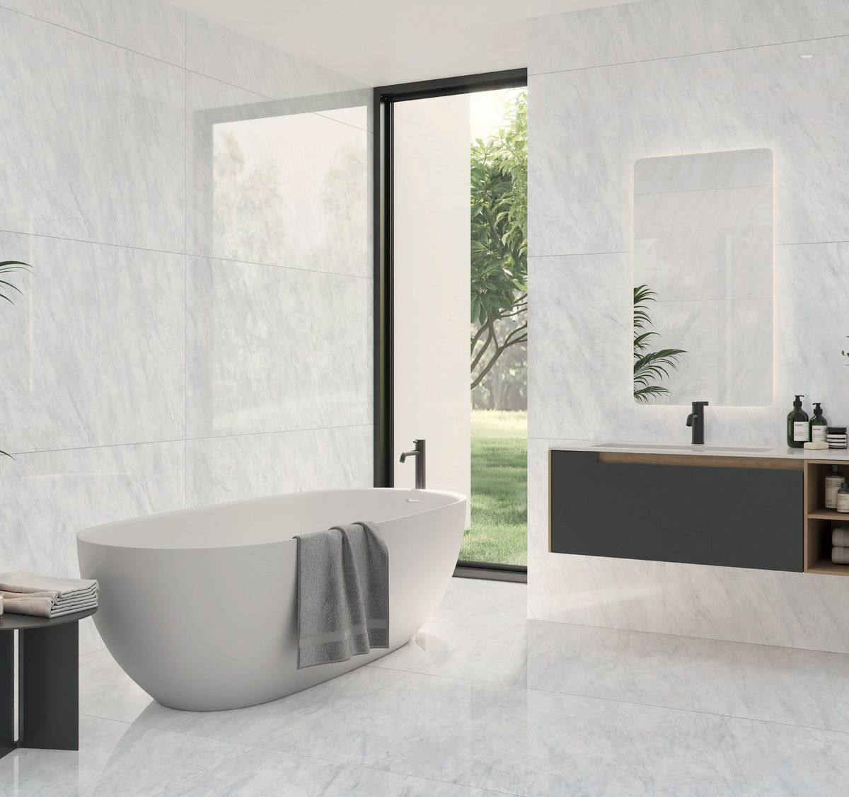 Ambiente KTL Aley White 75x150 cm pulido efecto mármol en pavimento