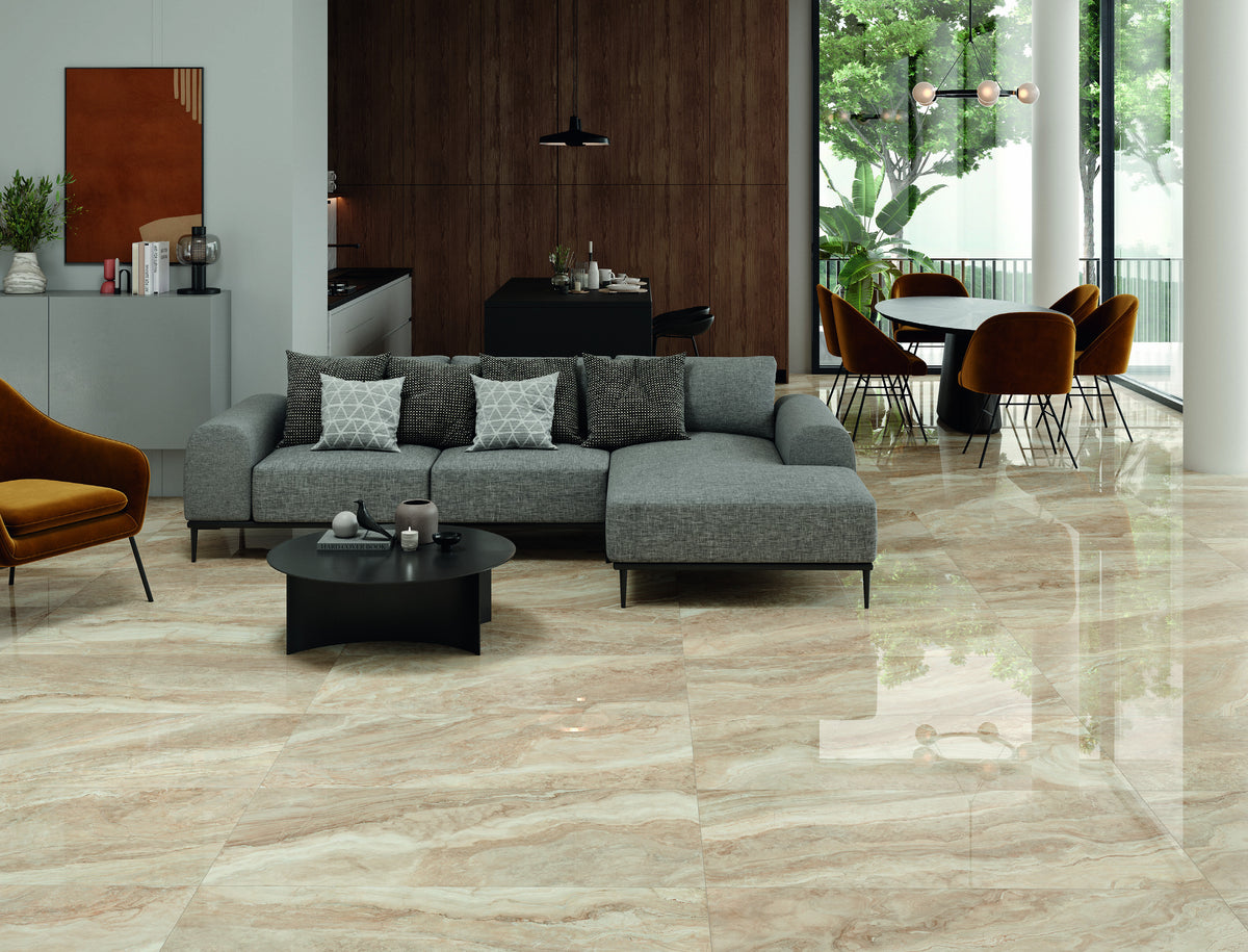 Ambiente KTL Galaxy en Beige, suelo de porcelánico pulido efecto mármol