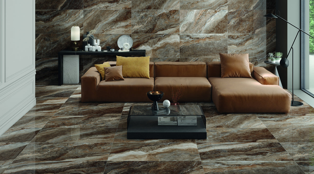 Ambiente KTL Galaxy en Brown, suelo de porcelánico pulido efecto mármol