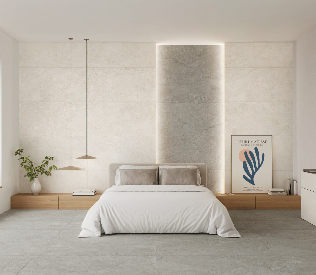 KTL Gobi Natural e Ivory 60x120 cm en dormitorio con cama, mesitas y lámparas colgantes