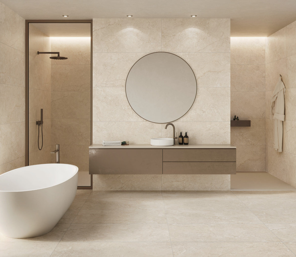 KTL Gobi Cream 60x120 cm en baño con bañera, ducha y lavabo, suelo y pared porcelánicos