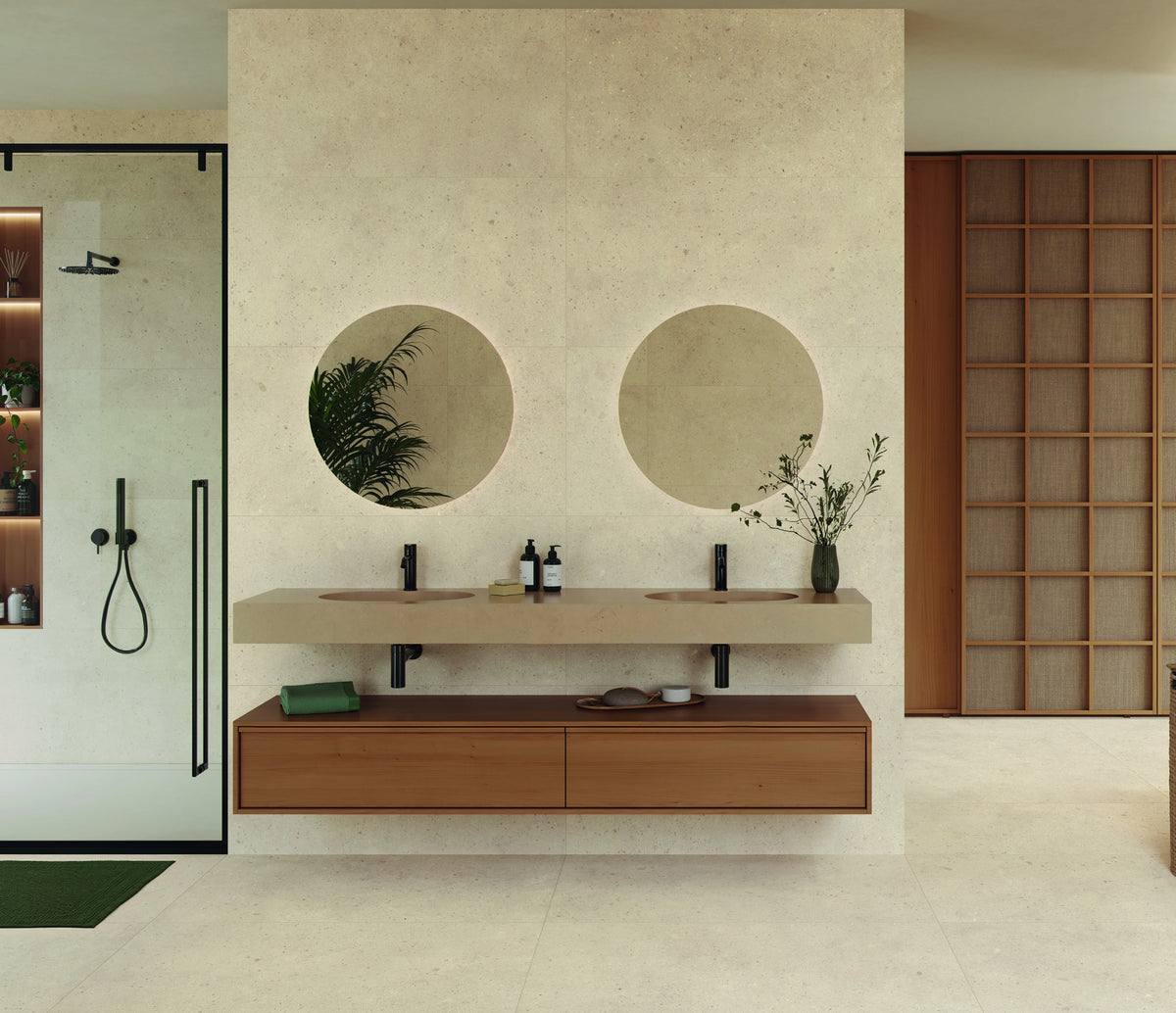 Ambiente KTL Lens Sand 60x120 cm, porcelánico esmaltado mate efecto piedra en baño
