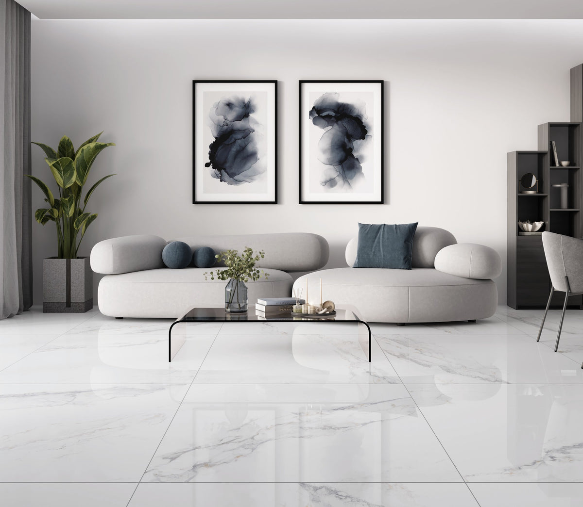 Ambiente KTL Neiden Blanco 120x120 cm, porcelánico efecto mármol pulido en baño