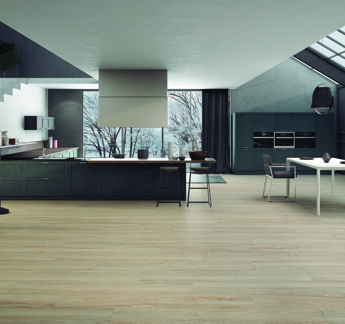 Ambiente KTL Ninsba Beige 30x150 cm, porcelánico efecto madera mate rectificado en salón