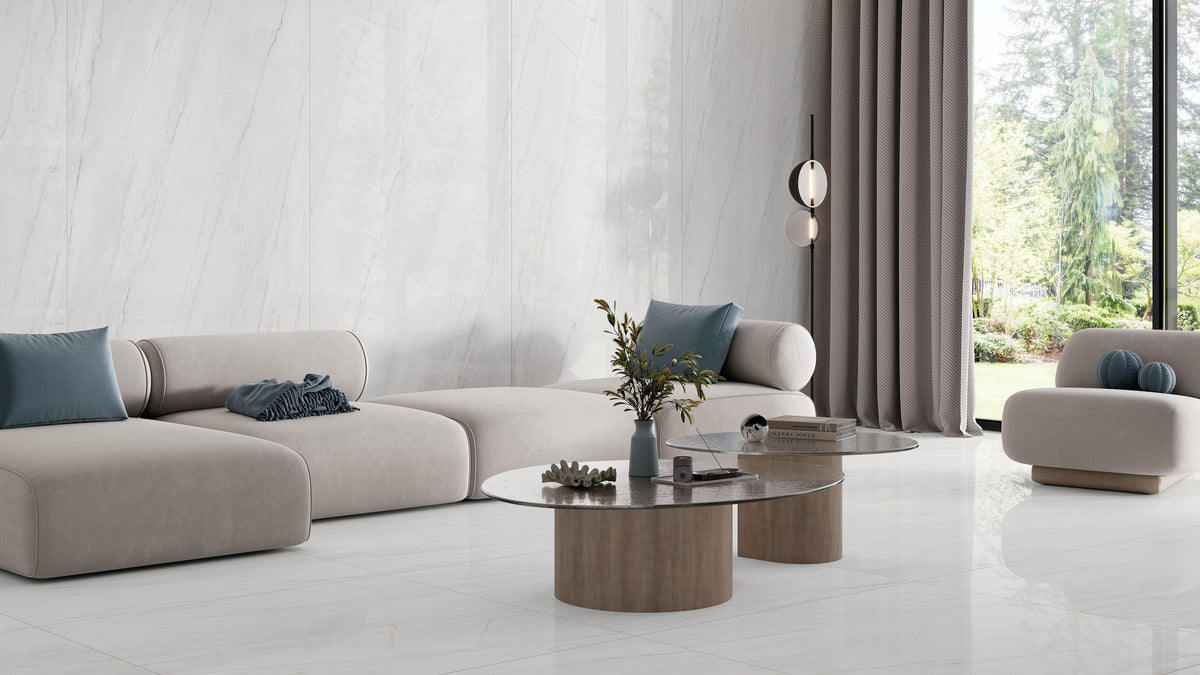KTL Tiffany White pulido en salón, suelo y pared de placa porcelánica 120 x 280 cm