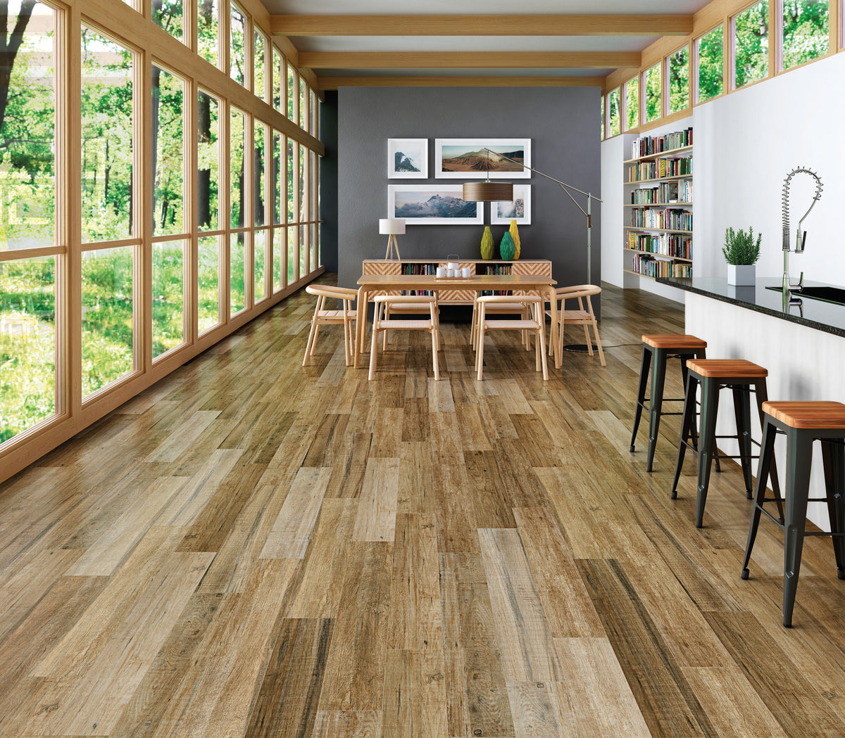 Ambiente de Salón y Cocina con Suelo Porcelánico Efecto Madera KTL ALEN 23,3x120 cm