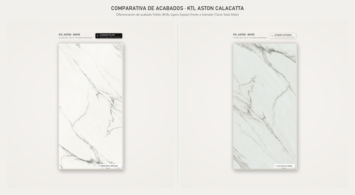 Comparativa Acabados KTL Aston Calacatta: Pulido Esmalte Vítreo vs Satinado Seda HD