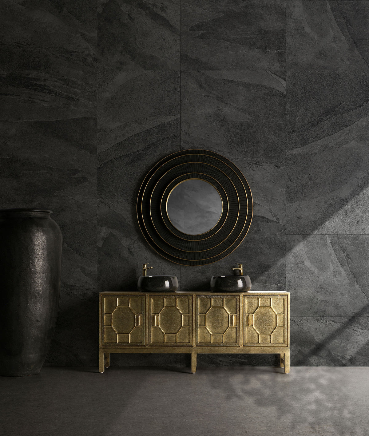 Lavabo Capricornio VICAL mármol negro brillo detalle