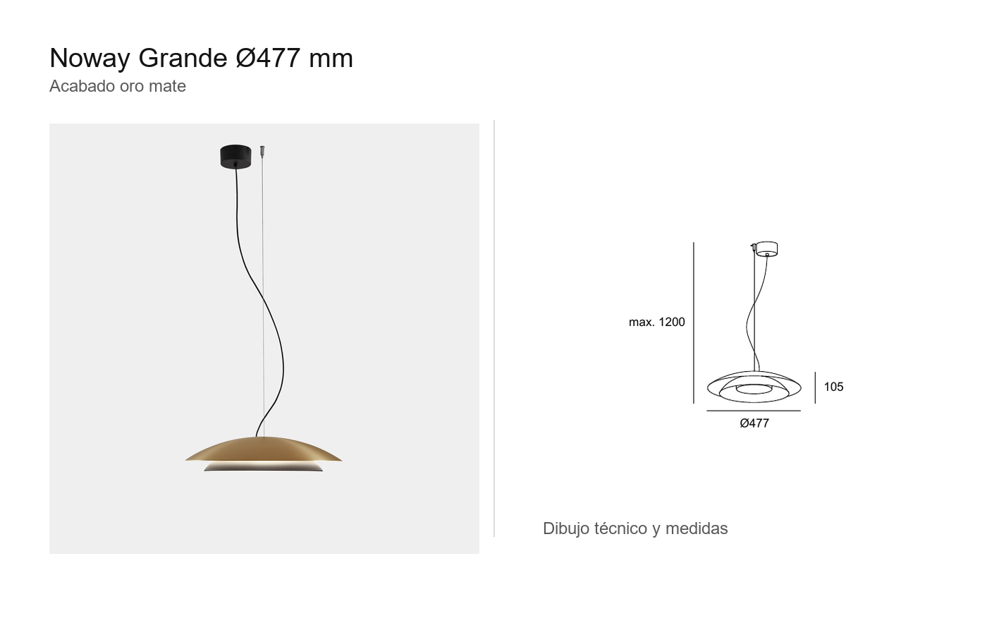 Noway grande Ø477 mm oro mate con dibujo técnico LEDS C4