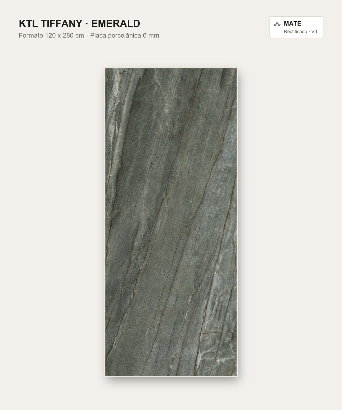 KTL Tiffany Emerald mate — placa porcelánica gran formato 120 x 280 cm, 6 mm, rectificada