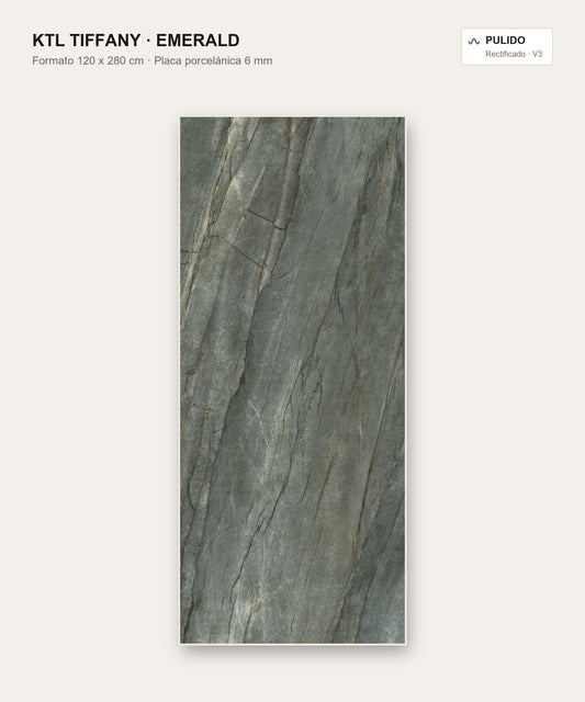 KTL Tiffany Emerald pulido — placa porcelánica gran formato 120 x 280 cm, 6 mm, rectificada
