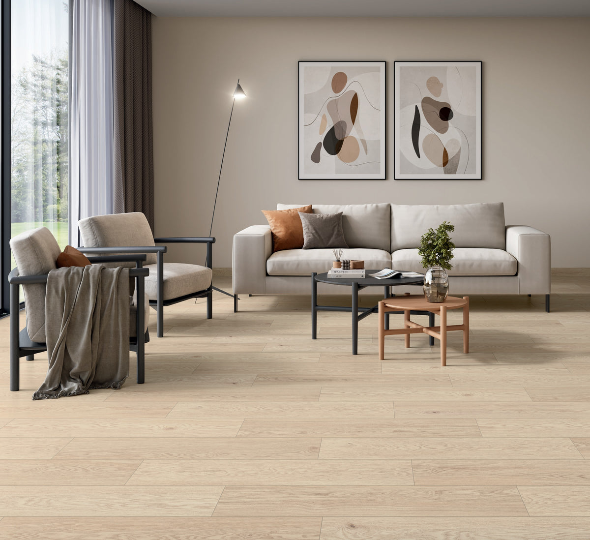 Ambiente KTL Lund Haya 23x120 cm, porcelánico efecto madera en suelo de salón