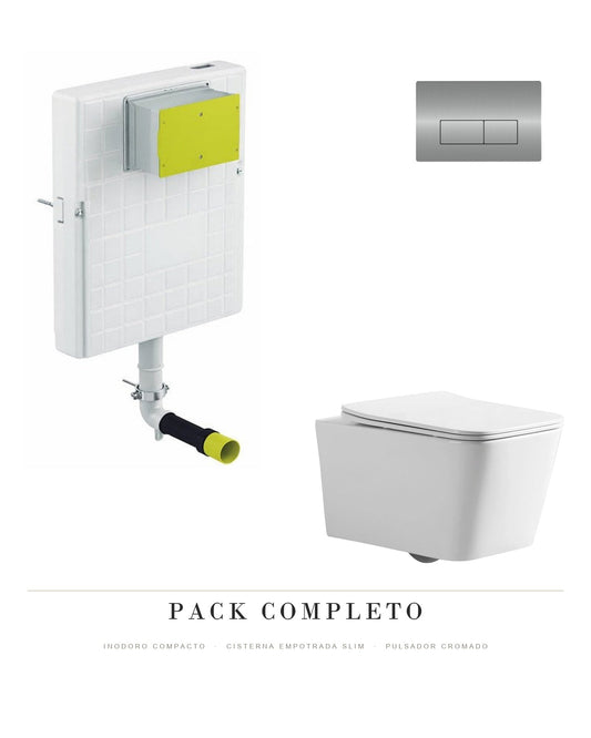 Pack completo inodoro compacto Florencia + cisterna empotrada Slim + pulsador cromado