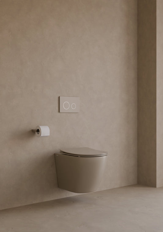 Pack inodoro suspendido Nora beige instalado en un baño
