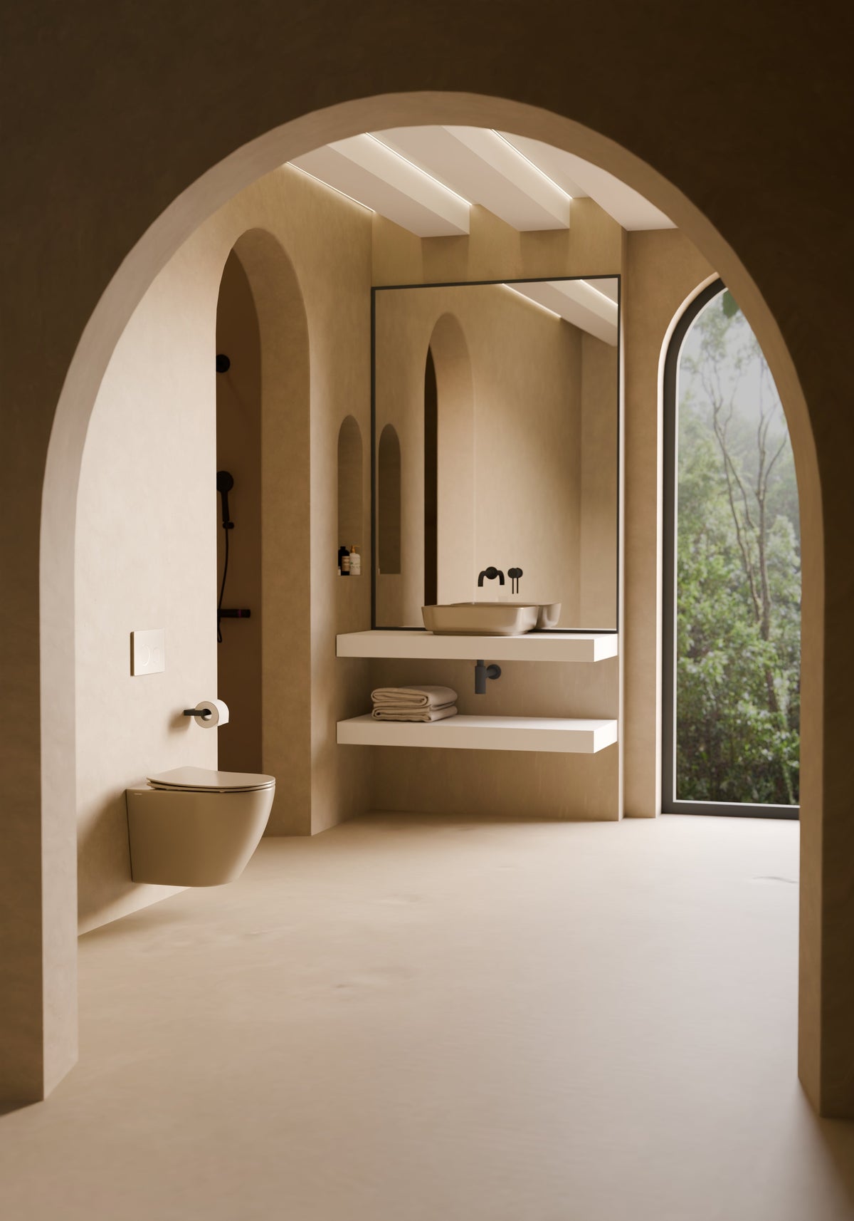 Baño con inodoro suspendido Nora beige