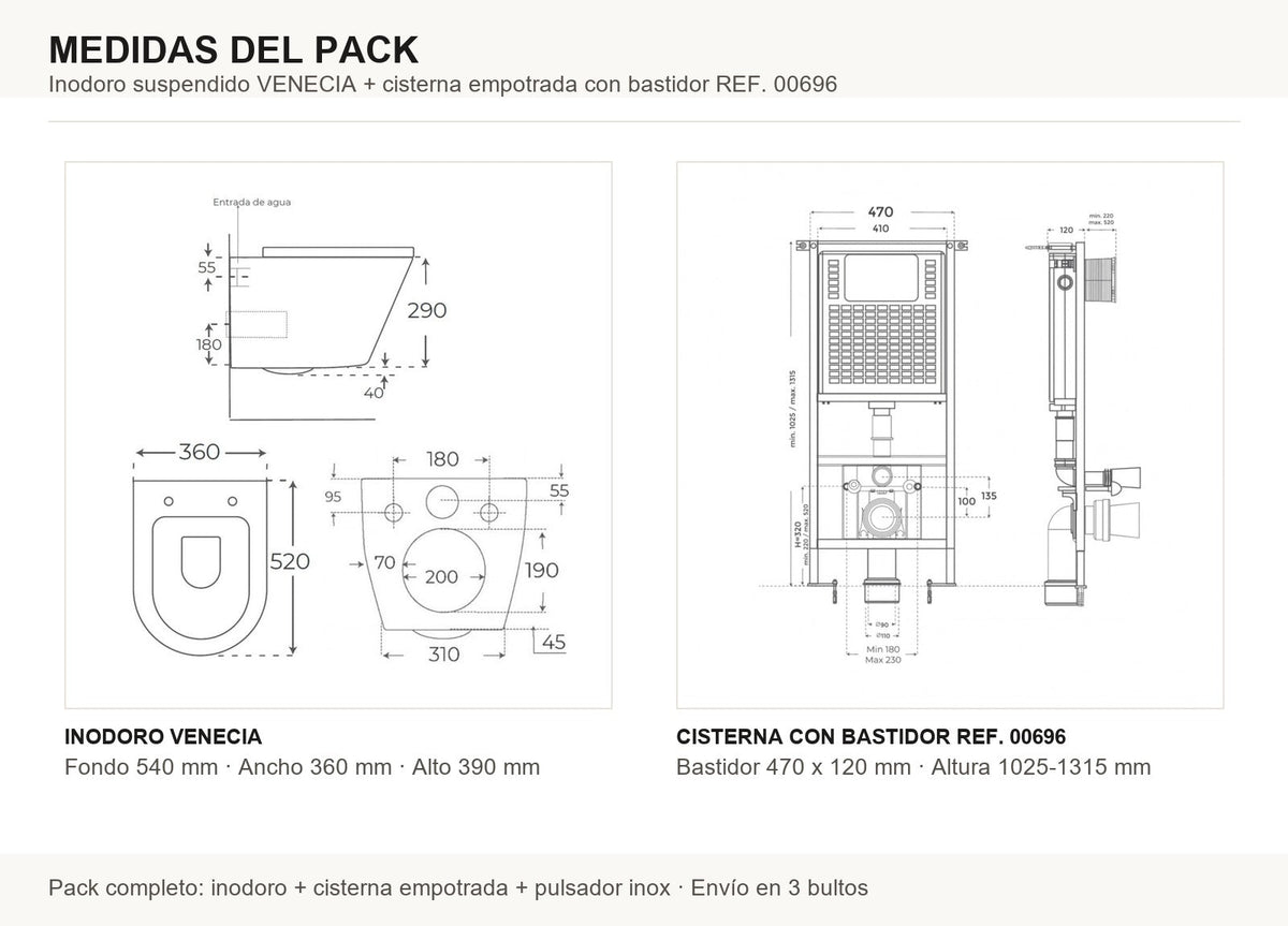 Medidas del pack inodoro suspendido Venecia + cisterna empotrada Fossil Natura
