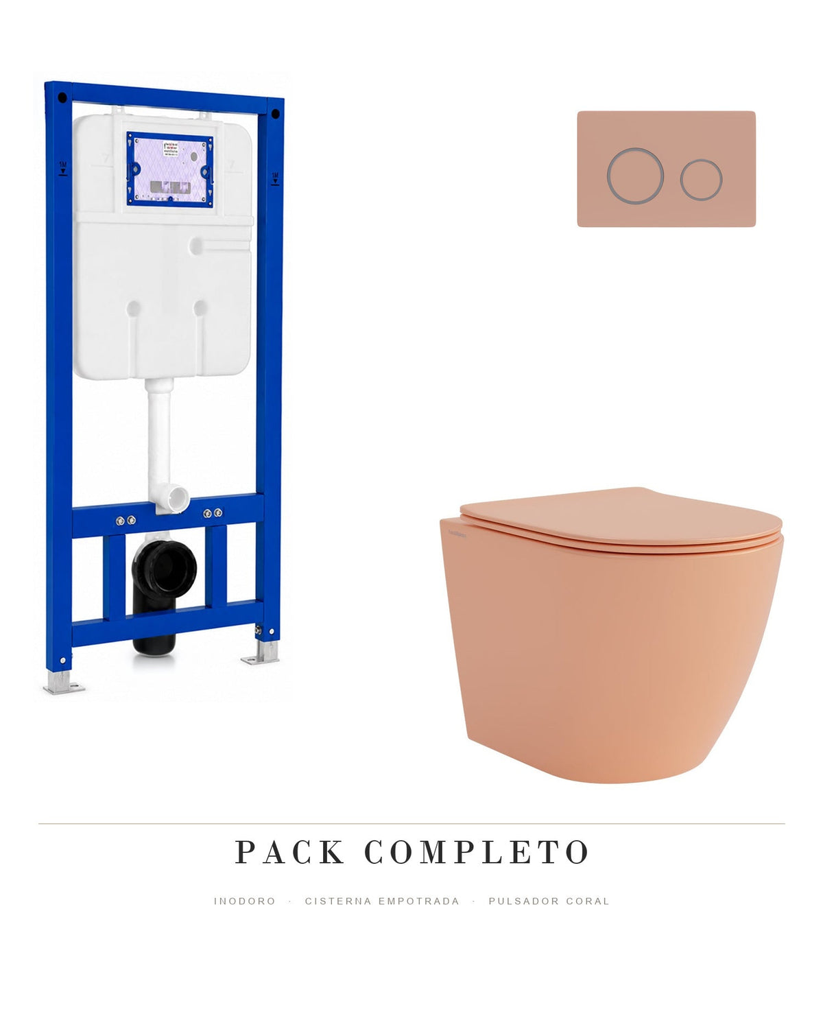 Pack completo inodoro suspendido Nora coral + cisterna empotrada con pulsador coral