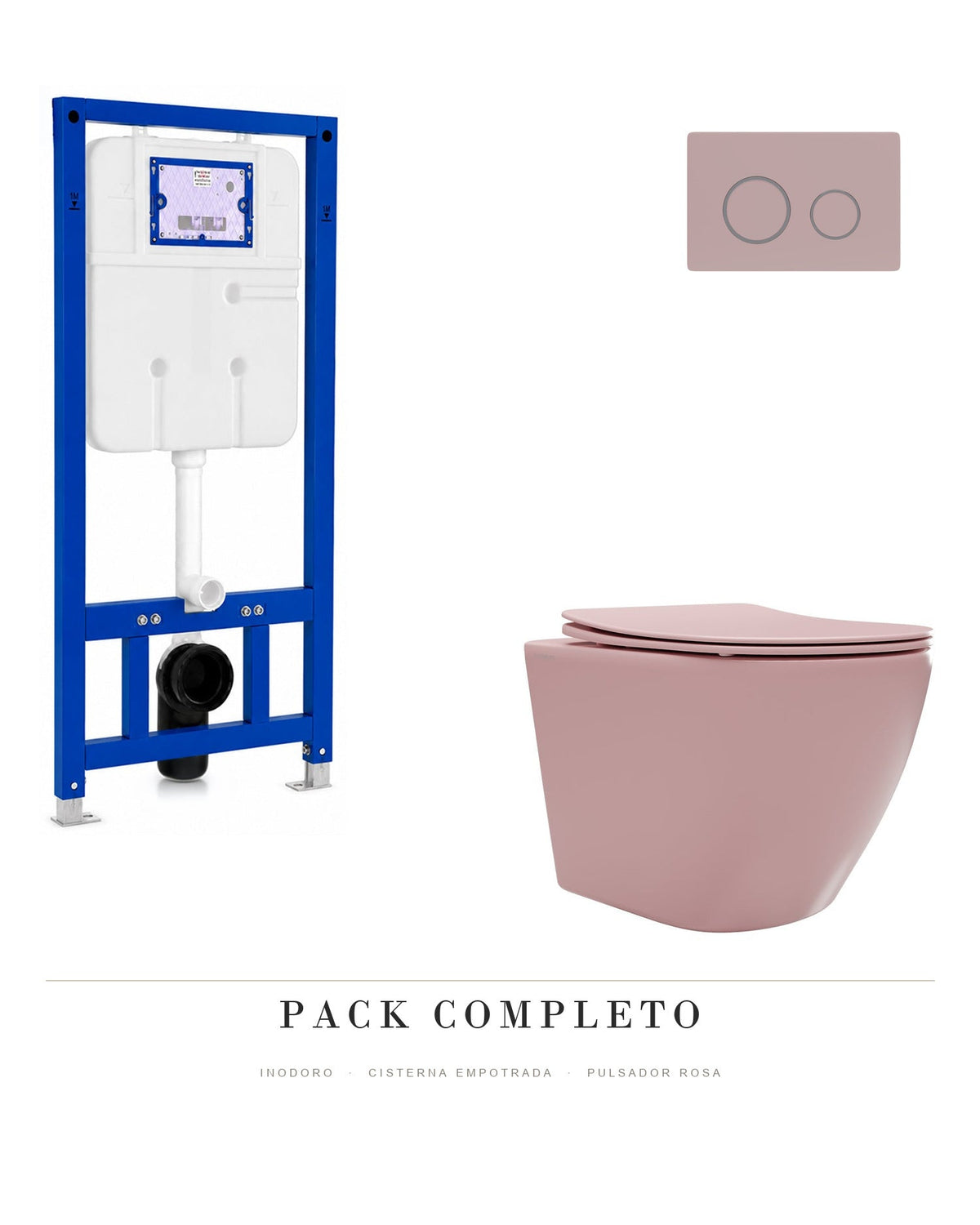 Pack completo inodoro suspendido Nora rosa + cisterna empotrada con pulsador rosa