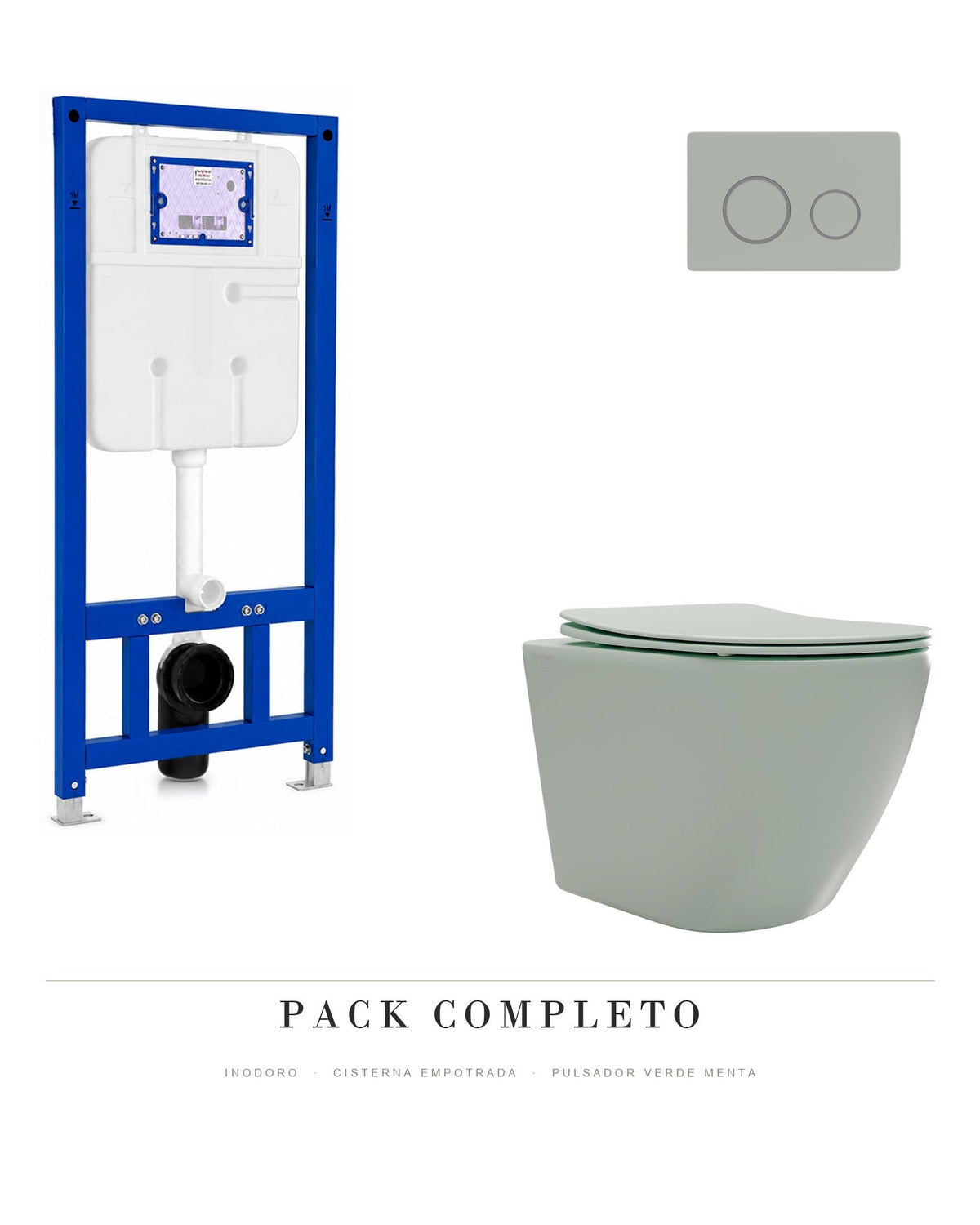 Pack completo inodoro suspendido Nora verde menta + cisterna empotrada con pulsador verde menta
