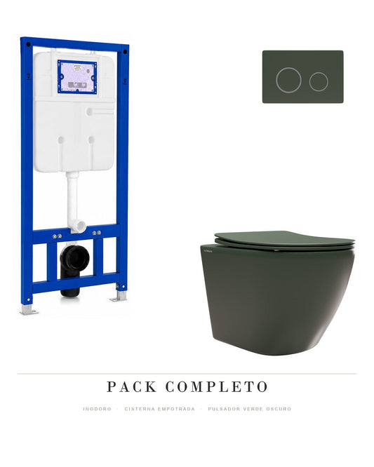 Pack completo inodoro suspendido Nora verde oscuro + cisterna empotrada con pulsador verde oscuro