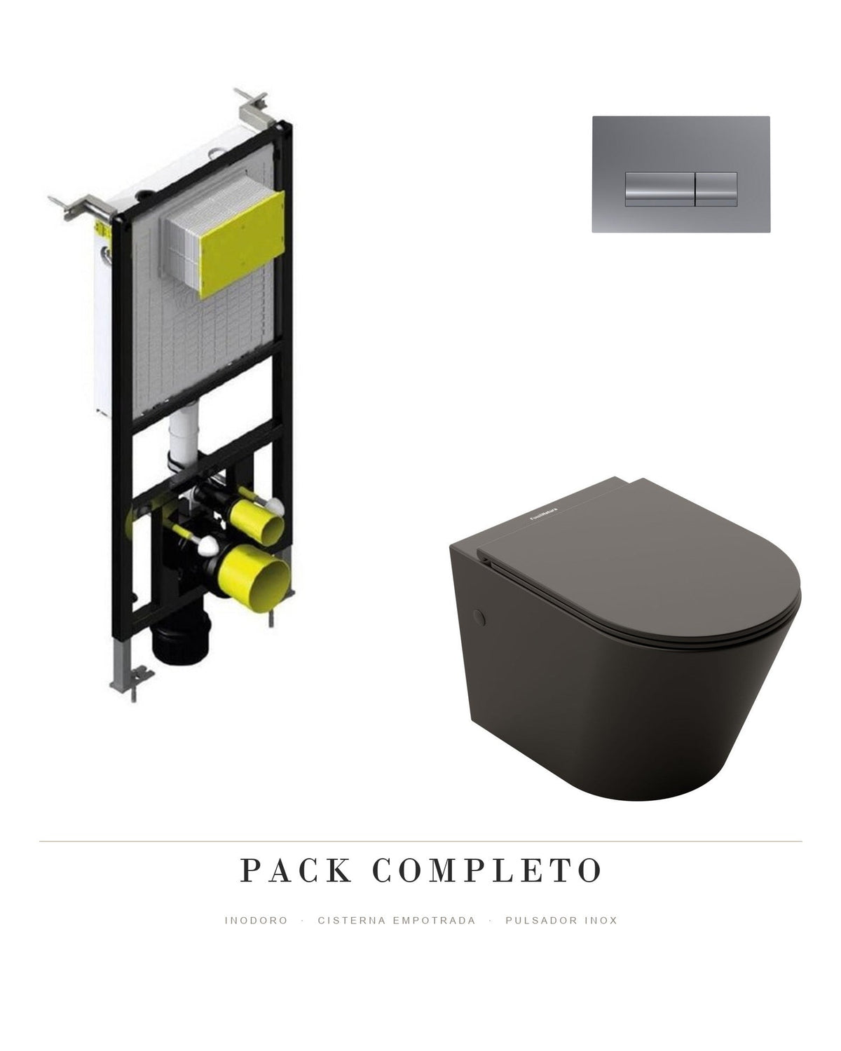 Pack completo inodoro suspendido Venecia negro mate + cisterna empotrada con bastidor + pulsador inox Fossil Natura