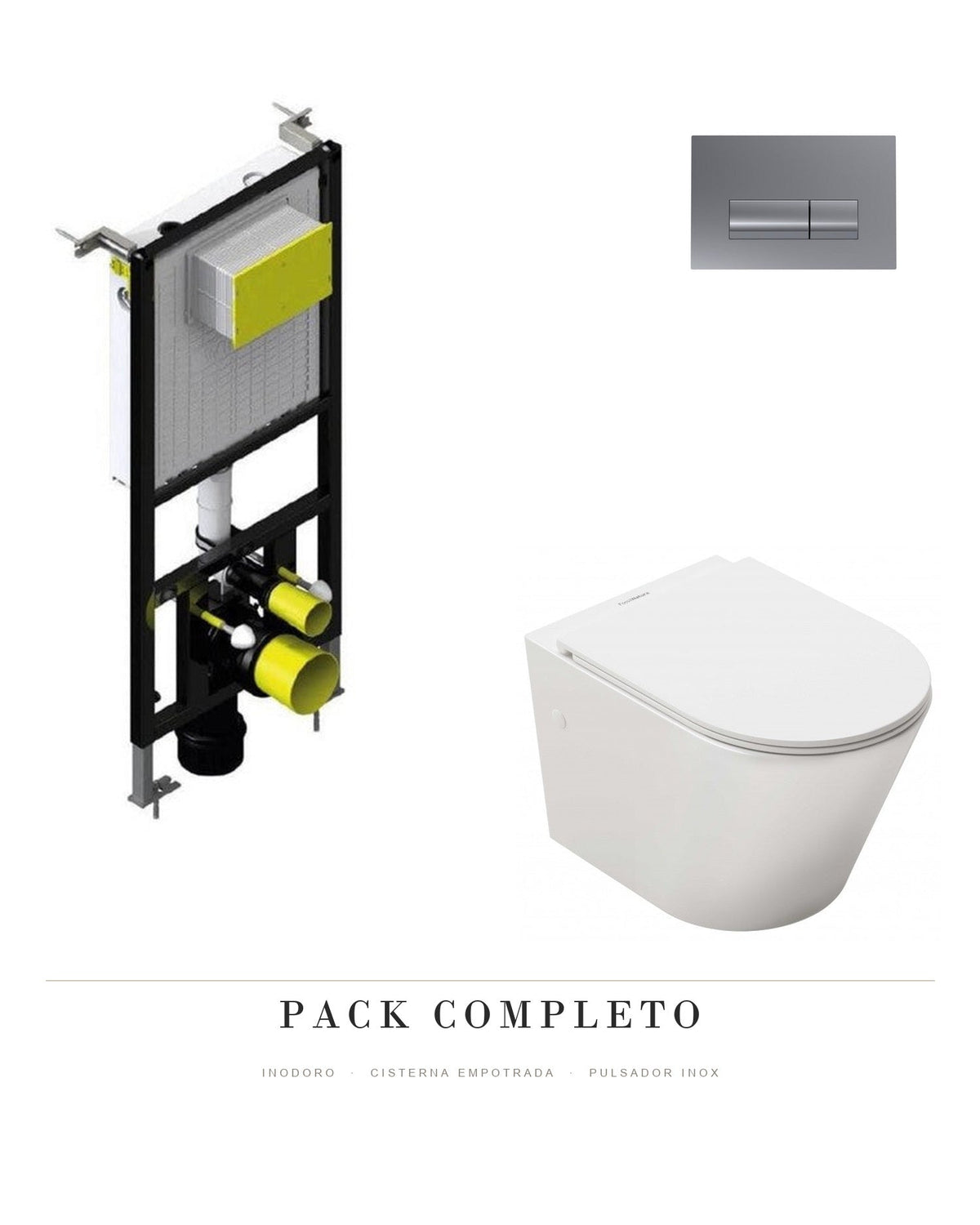 Pack completo inodoro suspendido Venecia + cisterna empotrada con bastidor + pulsador inox Fossil Natura
