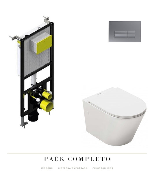 Pack completo inodoro suspendido Venecia + cisterna empotrada con bastidor + pulsador inox Fossil Natura