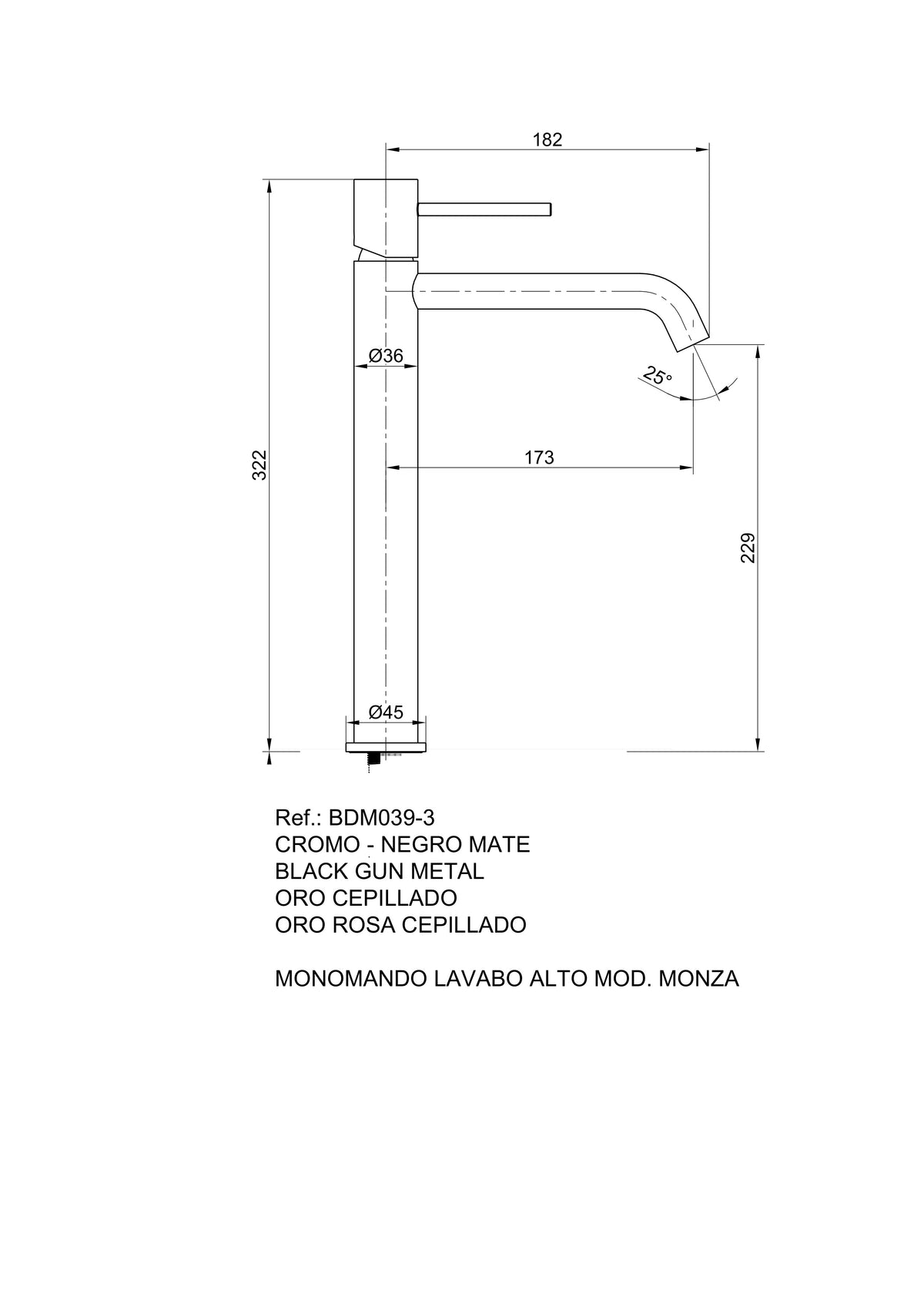 Plano Técnico Oficial y Cotas Milimétricas IMEX Monza Lavabo Alto BDM039-3