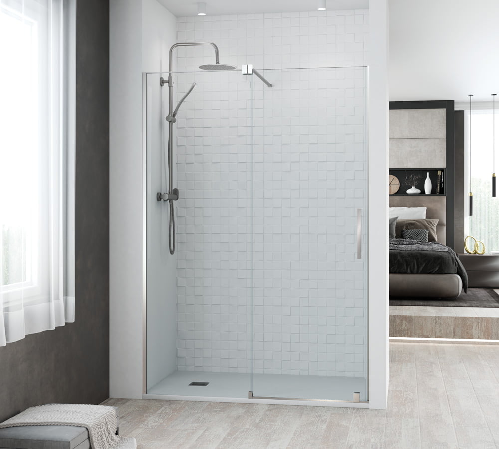 Mampara de ducha Rond Get Up & Design corredera con perfilería cromo brillo en un baño contemporáneo