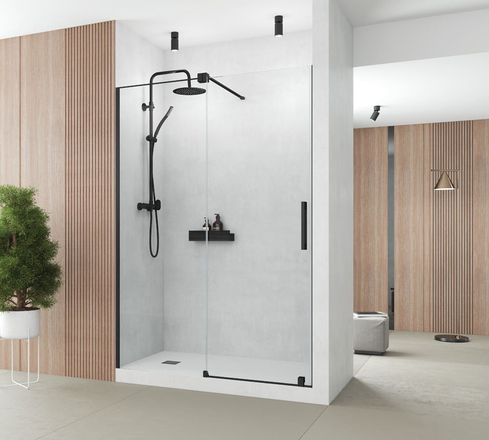 Mampara de ducha Rond Get Up & Design corredera con perfilería negro mate en un baño contemporáneo