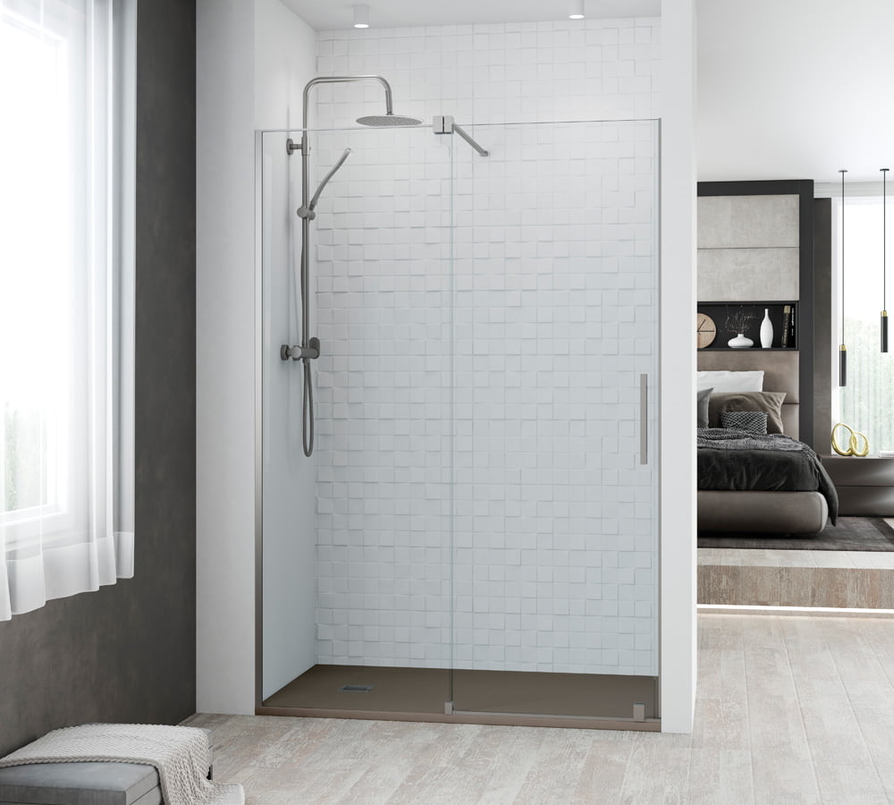 Mampara de ducha Rond Get Up & Design corredera con perfilería titanio gratado en un baño contemporáneo