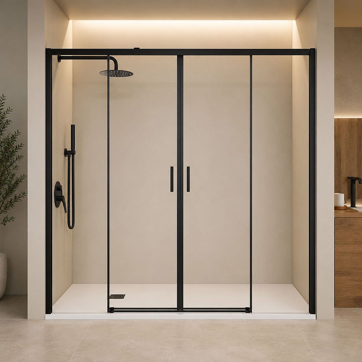 Mampara de ducha SB_X Easy frontal 2 fijos + 2 correderas en acabado negro mate, montada en un baño