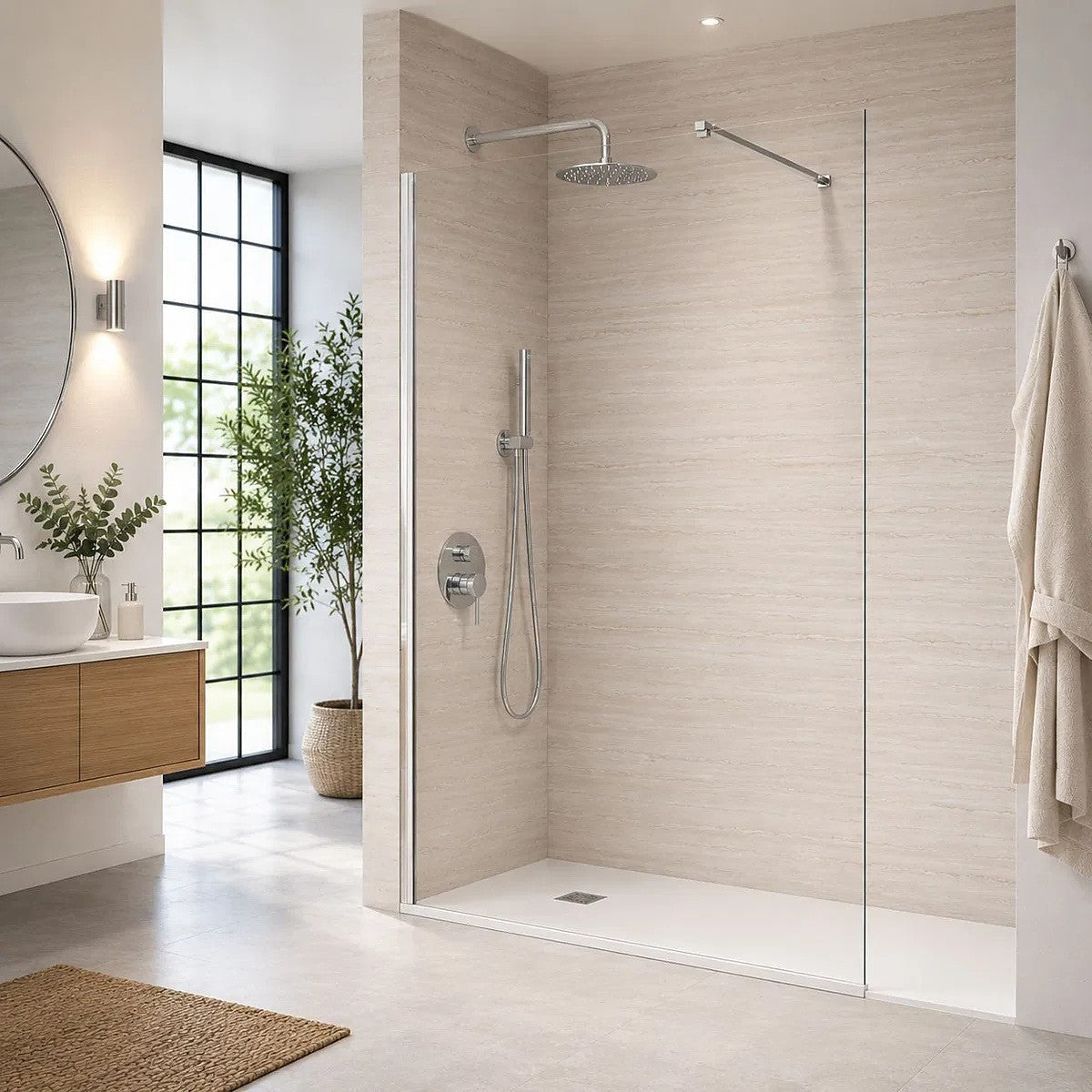 Mampara de ducha SB_X Screen panel fijo 6 mm en Cromo montada en un baño, perfilería en cromo brillo