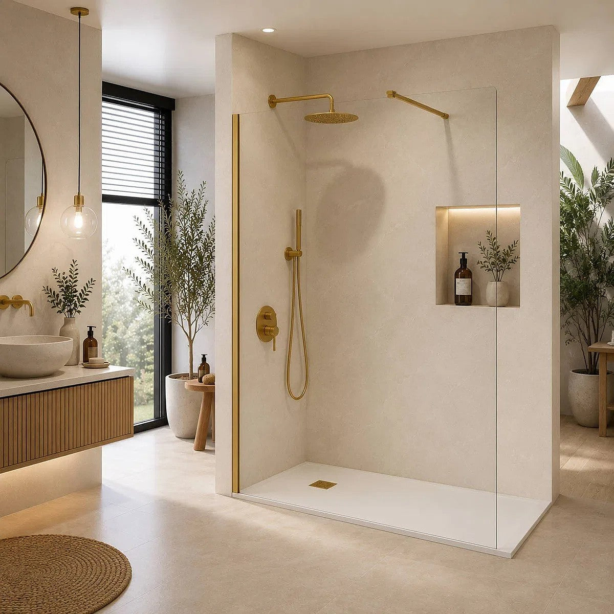 Mampara de ducha SB_X Screen panel fijo 6 mm en Oro cepillado montada en un baño, perfilería en oro cepillado