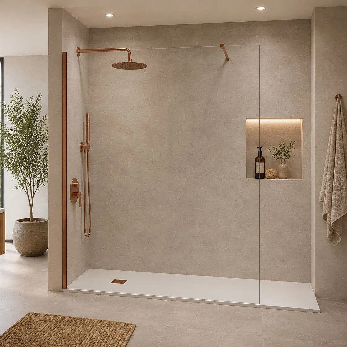 Mampara de ducha SB_X Screen panel fijo 6 mm en Oro rosa cepillado montada en un baño, perfilería en oro rosa cepillado