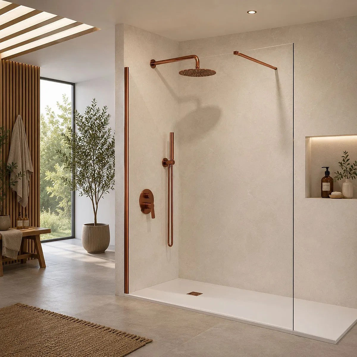 Mampara de ducha SB_X Screen panel fijo 8 mm en Oro rosa cepillado montada en un baño, perfilería en oro rosa cepillado