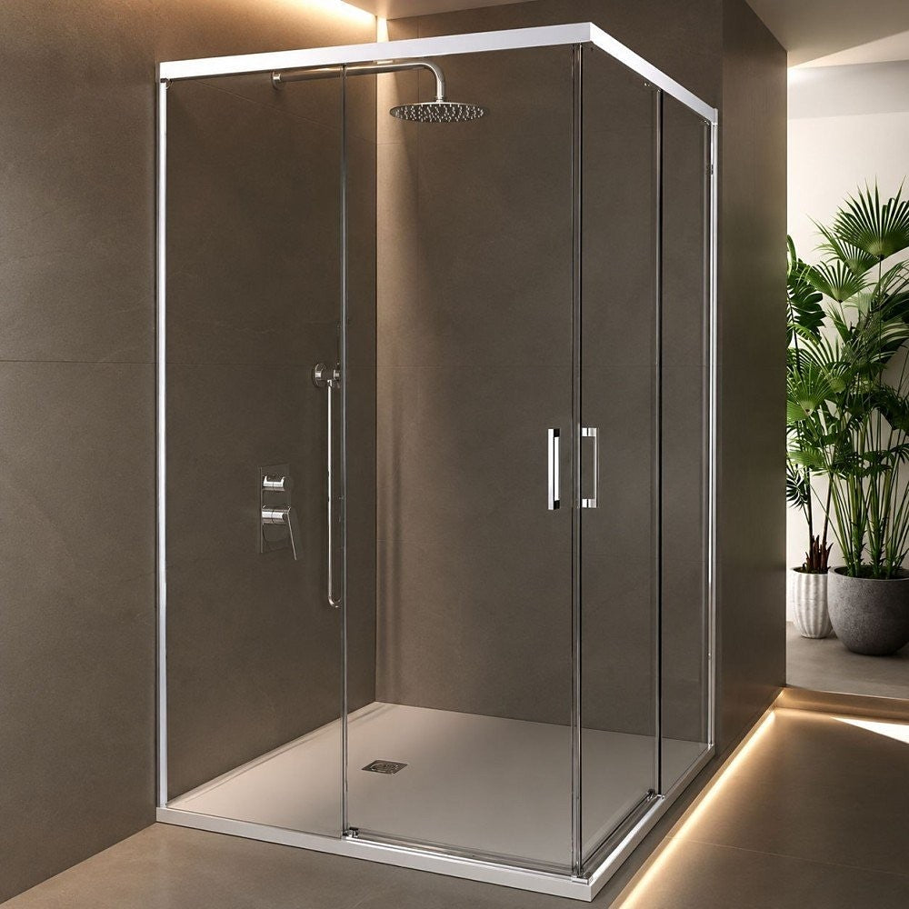 Mampara de ducha SB_X Stylo entrada vertice 2 fijos + 2 correderas en acabado cromo, montada en una esquina