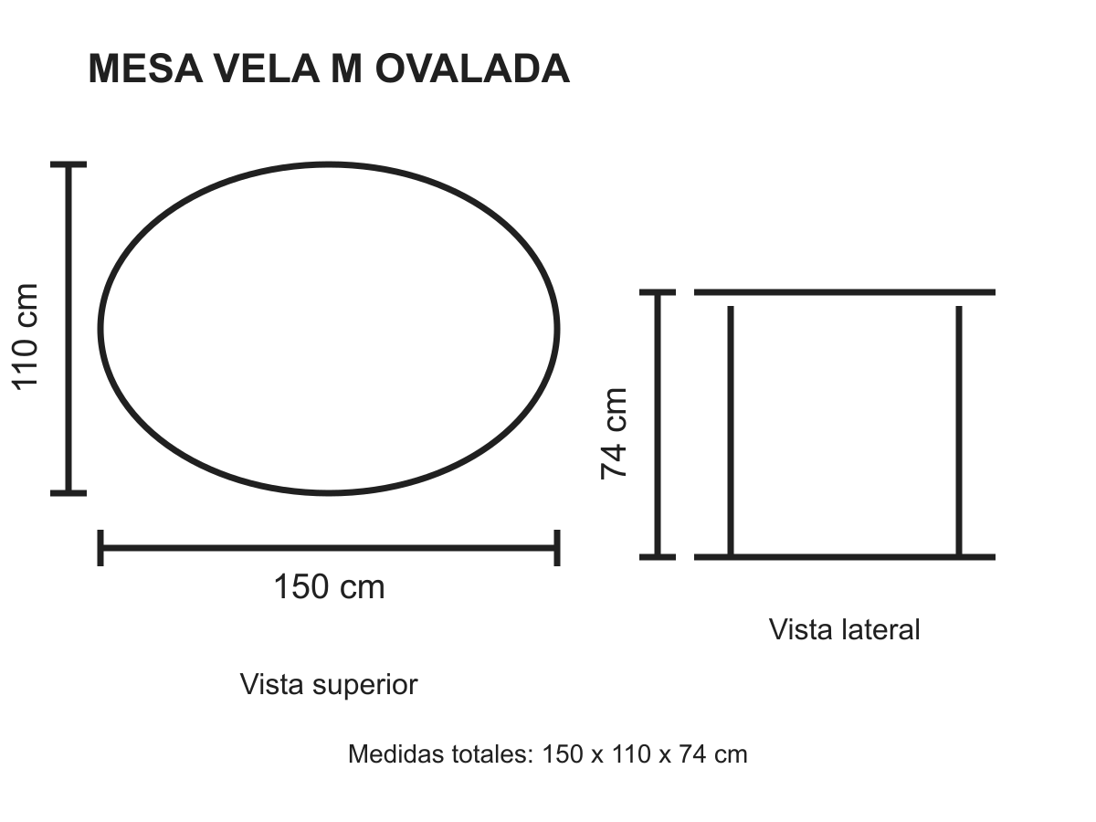 Dibujo técnico con medidas Mesa Vela M ovalada 150x110x74 cm