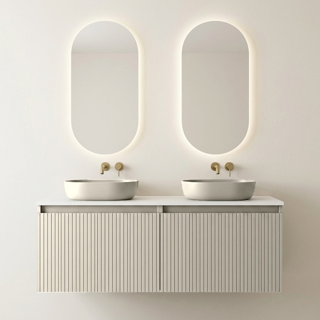 Conjunto de Baño Completo Visobath Bari Duo 120 cm - Acabado Cotton Arena Cálido con Lavabos Colors y Espejos LED Ella