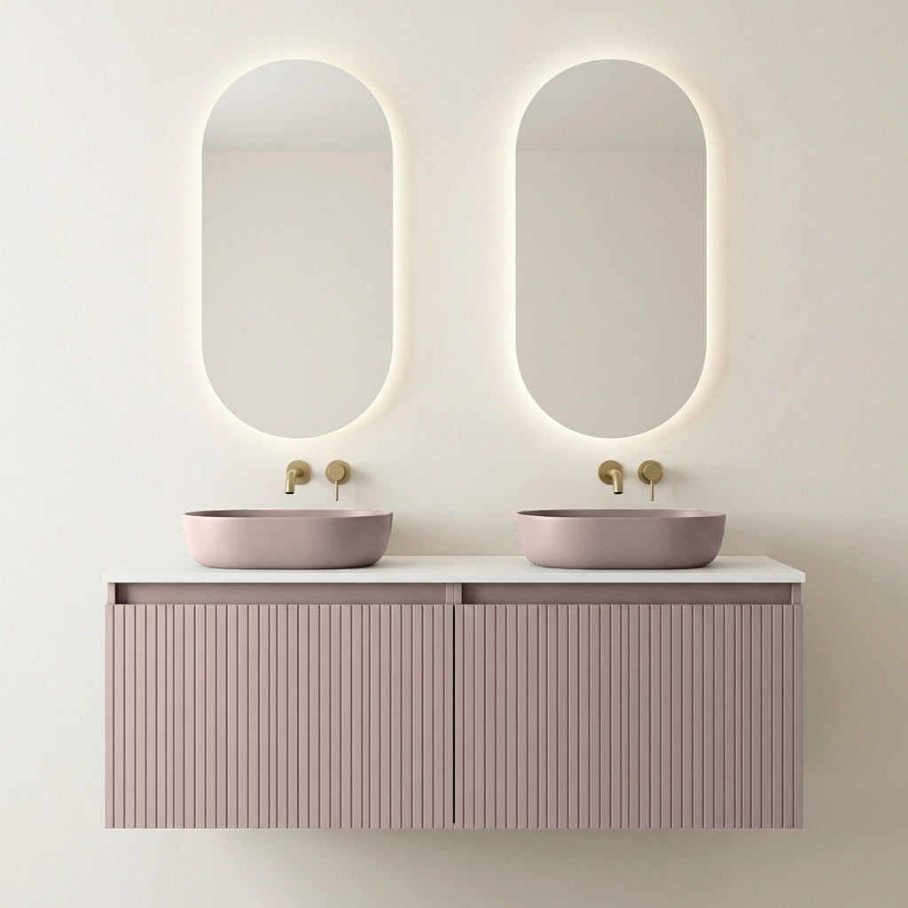 Conjunto de Baño Completo Visobath Bari Duo 120 cm - Acabado Quarzo Terracota Nude con Lavabos Colors y Espejos LED Ella