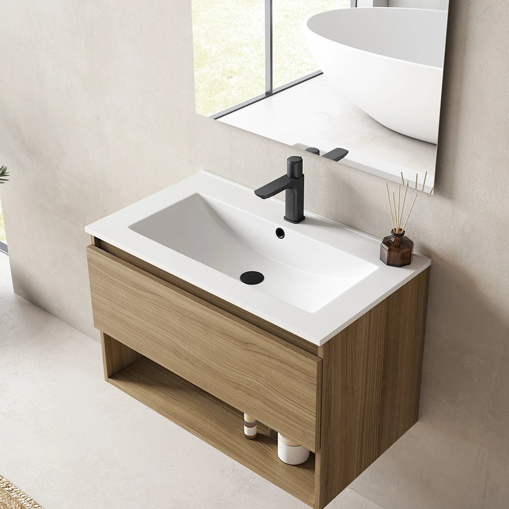 Detalle de integración perfecta del lavabo Flat en encimera