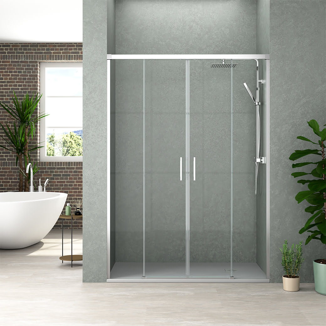 Mampara de ducha Yaiz Get Up & Design corredera con perfilería cromo brillo en un baño contemporáneo